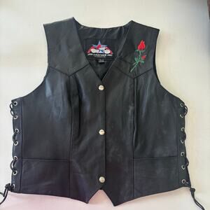 Black Leather Vest Jim Leather inc Harley Davidson Patches Lace Sides women’s Lg